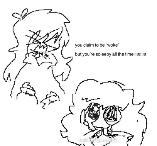 Two crudely draw women, the first angry and the second has puppy dog eyes with tears streaming from them. Captioned with: you claim to be "woke", but you're so eppy all the time!