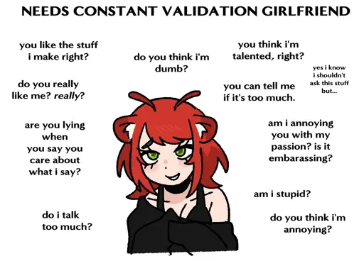 Drawing of a woman with bear ears titled "Needs constant validation girlfriend". She's surrounded by phrases like "do you think i'm dumb?", "do you think i'm annoying?", and "you can tell me if it's too much."