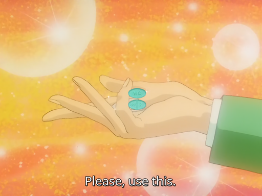 An edited screenshot of Magic Knights: Rayearth where Fuu hands people estradiol pills.