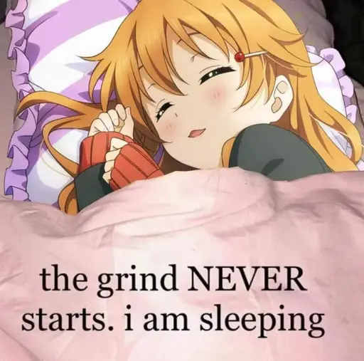 Drawing of a girl culed up in bed asleep with the text "the grind NEVER starts. I am sleeping".