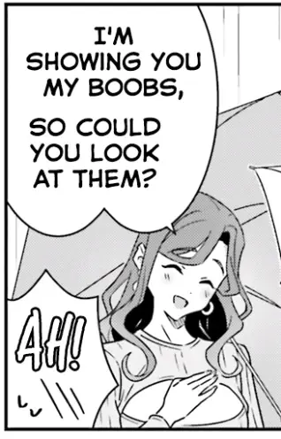 A smiling girl with an umbrella saying: "I'm showing you my boobs, so could you look at them?"