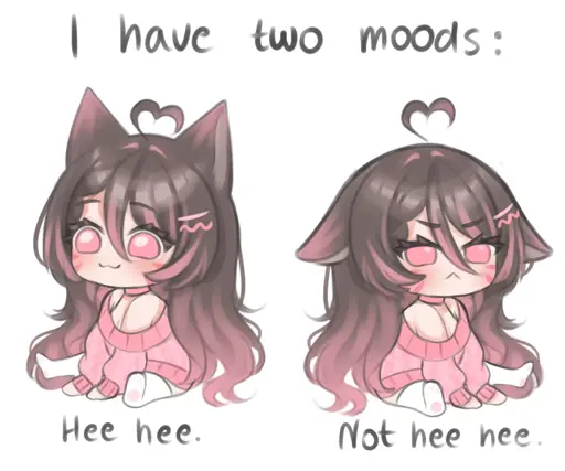 Two pictures of s chibi version of DVA (from Overwatch). A caption says: "I have two moods". In the first picture DVA looks happy, smiles and a caption says "Hee hee". In the second one DVA is grumpy, the caption says "Not hee hee". 
