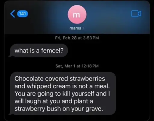Screenshot showing two text messages from 'Mama'. The first asks "What is a femcel?" The second says "Chocolate covered strawberries and whipped cream is not a meal. You are going to kill yourself and I will laugh at you and plant a strawberry bush on your grave."